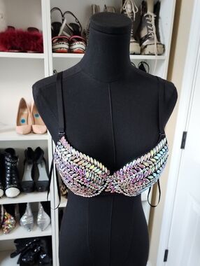 Love Iridescent Crystal Embellished Bra with Black Straps